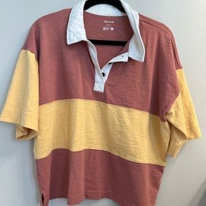 Madewell crop polo tee, size large, dusty maroon and orange-yellow stripe